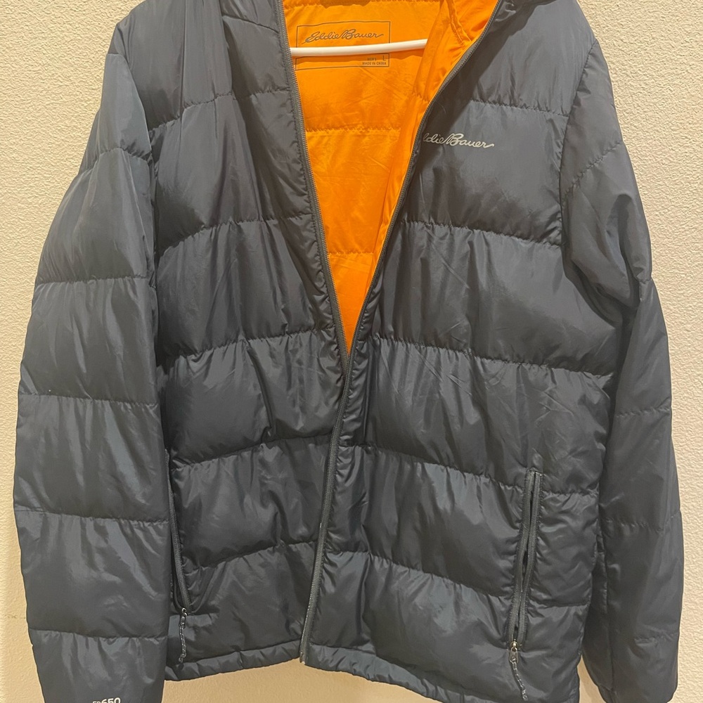 Eddie Bauer Men's Charcoal Puffer with Vibrant Orange Lining